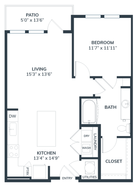 Floor plan for 1 bed, 1 bath, 773 sqft